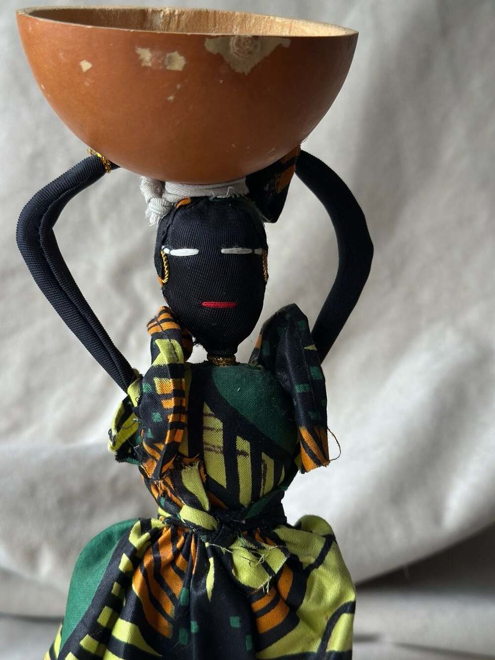 Handmade African Fabric Doll with Gourd Bowl Figurine